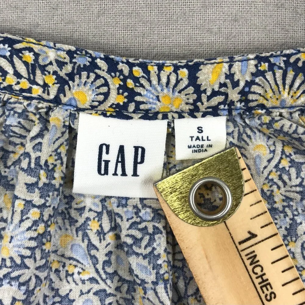 Gap Blouse Women Small Tall Blue Yellow Pullover Top V-Neck Boho Peasant Balloon - Picture 3 of 13